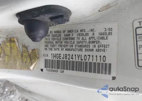 2000 Honda Civic Ex из США, поврежденный, VIN 1HGEJ8241YL071110